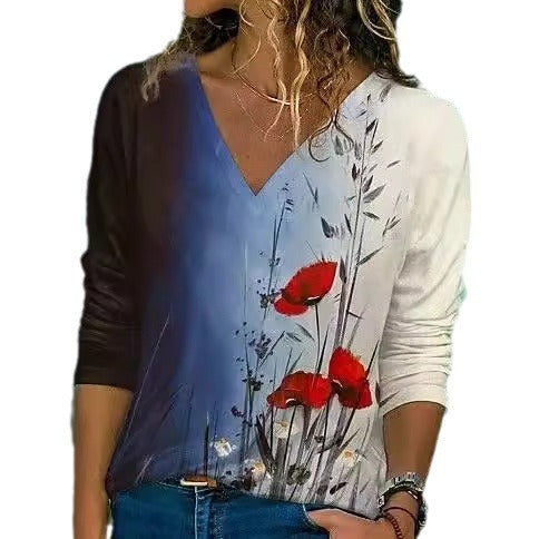 Fall Winter Fashion Printing Long-sleeve T-shirt Sexy Temperament Collar Top Slim Women's Clothing Animal And Plant Printing