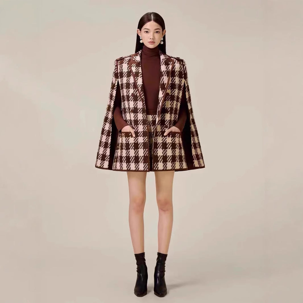 Houndstooth Woolen Cape Coat Shorts
