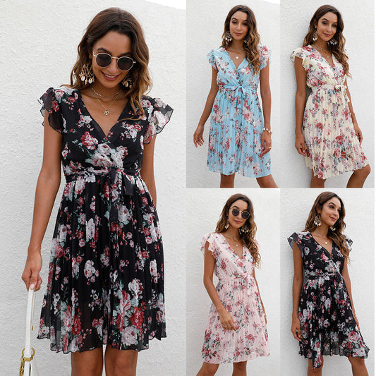 V-neck Waist-controlled Lace-up Printing Dress