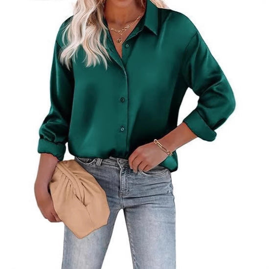 Women's Satin Top Long Sleeve Button Shirt Autumn