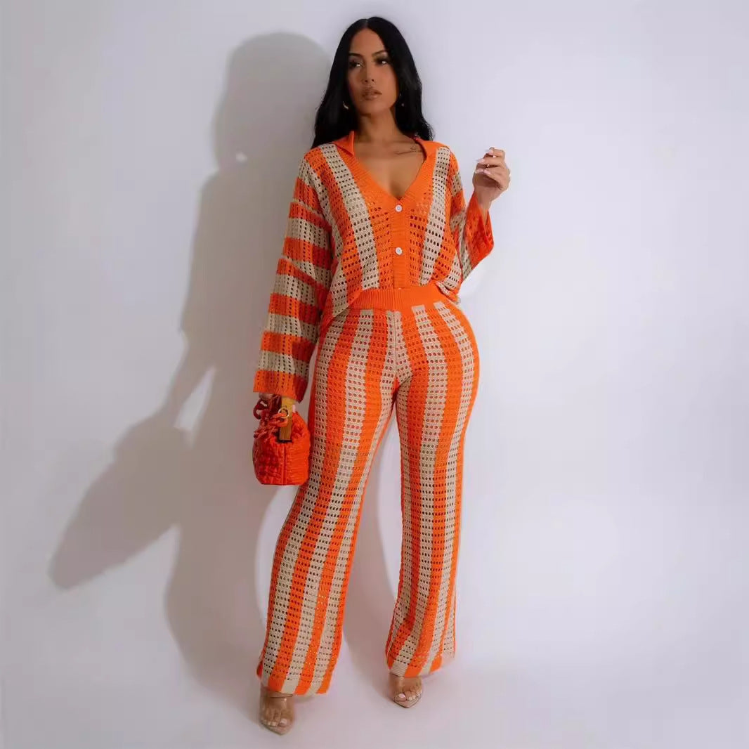 Knitted Sweater Fashion Sexy Cutout Wide Leg Knitted Two-piece Sweater