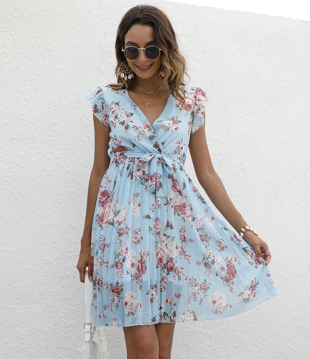 V-neck Waist-controlled Lace-up Printing Dress