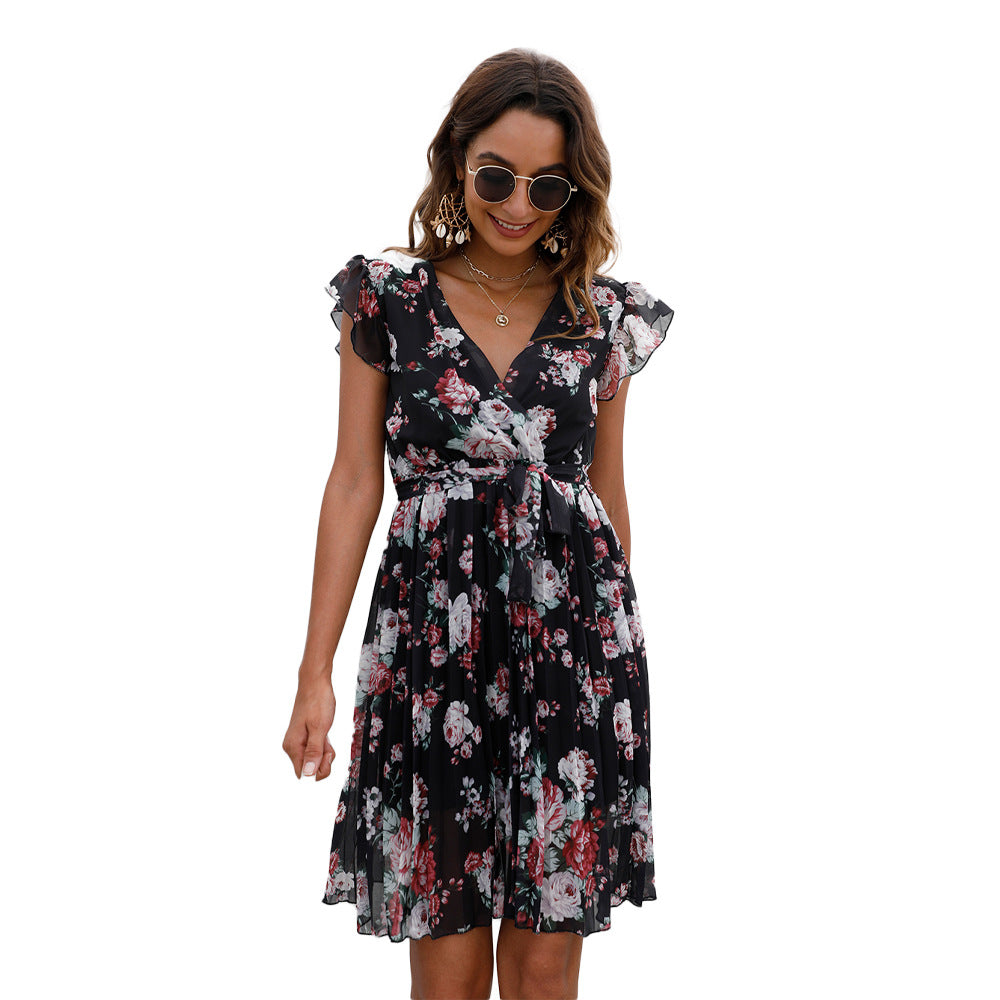 V-neck Waist-controlled Lace-up Printing Dress