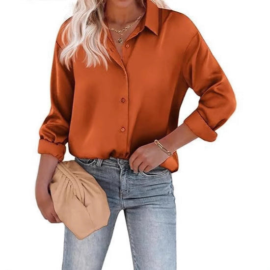Women's Satin Top Long Sleeve Button Shirt Autumn