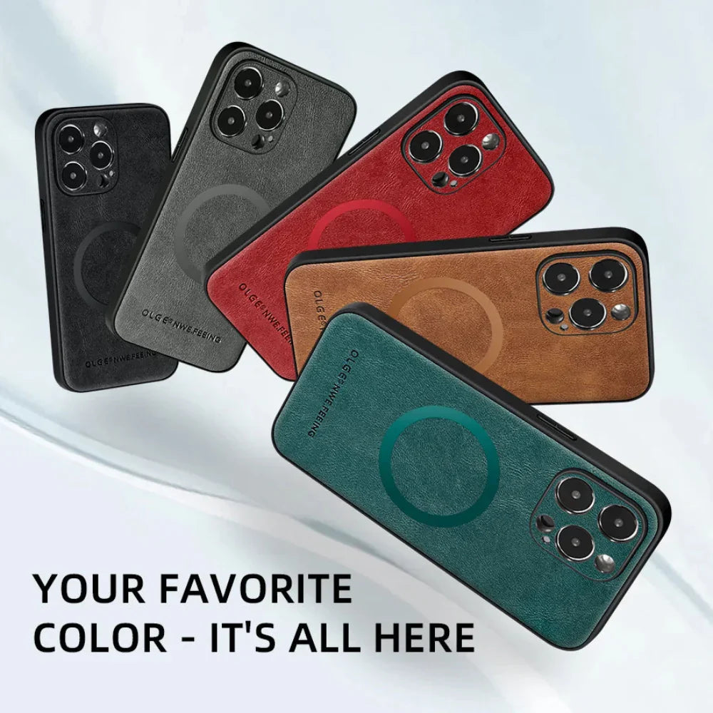 Vegan Leatther Magnetic charging compatible Phone Case for iPhone 13 to 17