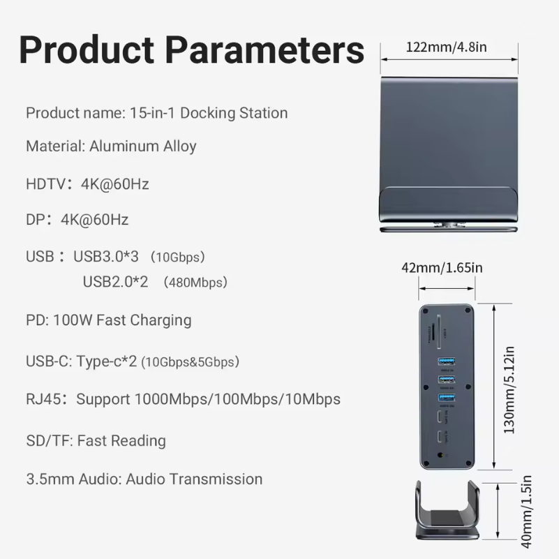 15 in 1 Type C Docking Stand Station Hub Supports Multiple Monitors