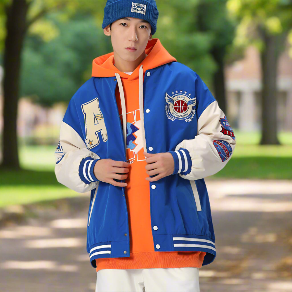 Mens Oversize Two Tone Embroidery Patch Baseball Jacket