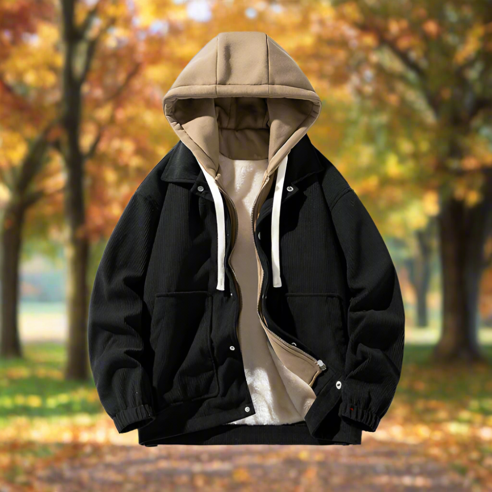 Mens Layered Look Hooded Corduroy Jacket With Faux Fur Lining