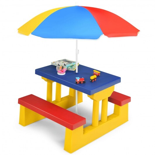 Kids Picnic Folding Table and Bench with Umbrella-Yellow