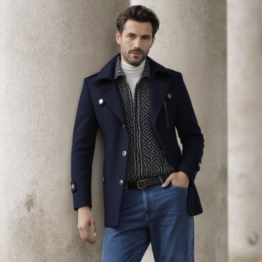 Mens Layered Collar Button Front Mid Length Coat