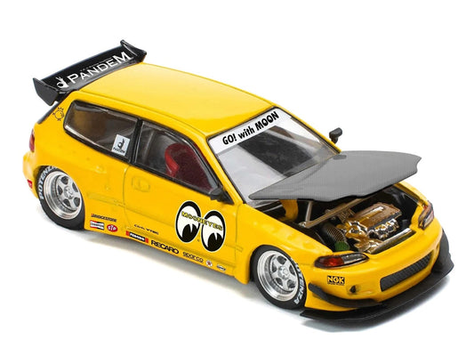 Pandem Civic EG6 RHD (Right Hand Drive) "Mooneyes" Yellow with Carbon Hood "Enigma Exclusive Edition" 1/64 Diecast Model Car by Pop Race