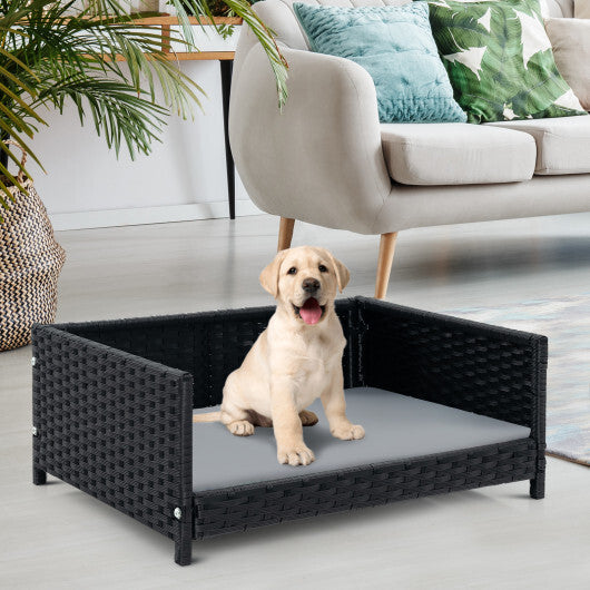 Rattan Dog Bed with Waterproof Soft Cushion for Medium Small Dogs Cats-Gray