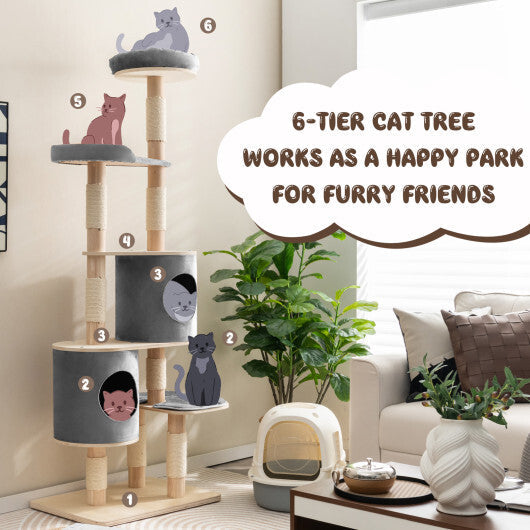 6-Tier Wooden Cat Tree with 2 Removeable Condos Platforms and Perch-Brown