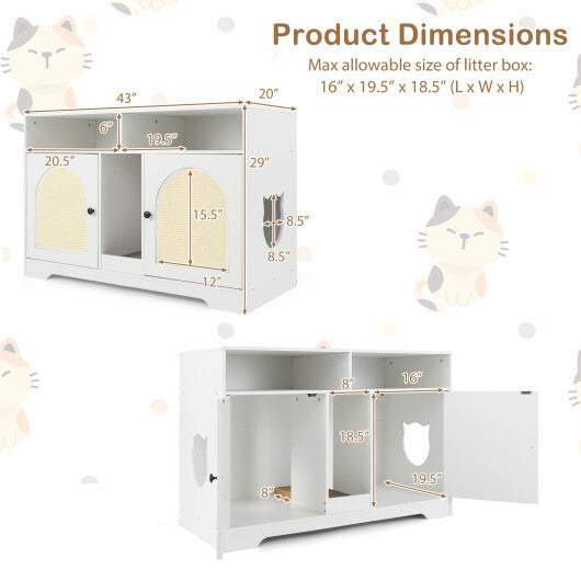 43 Inches Cat Litter Box Enclosure with Storage and Double Rooms-White