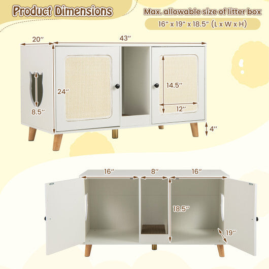 43 Inches Cat Litter Box Enclosure with Double Rooms and 2 Sisal Scratching Mats-Natural