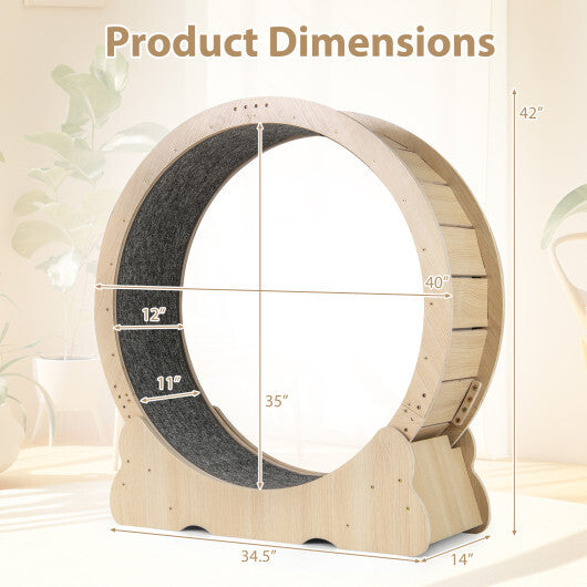 40 Inch Large Cat Exercise Wheel with Lockable Mechanism and Carpeted Runaway for Indoor Cats-Natural