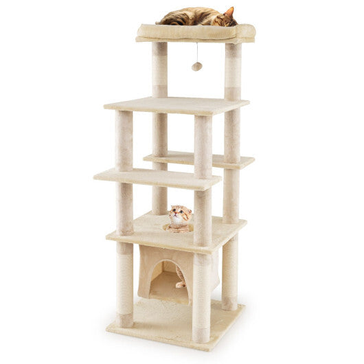 58 Inch Large Multi-level Cat Tree with Swaying Aerial Condo and Plush Perch Bed-Brown