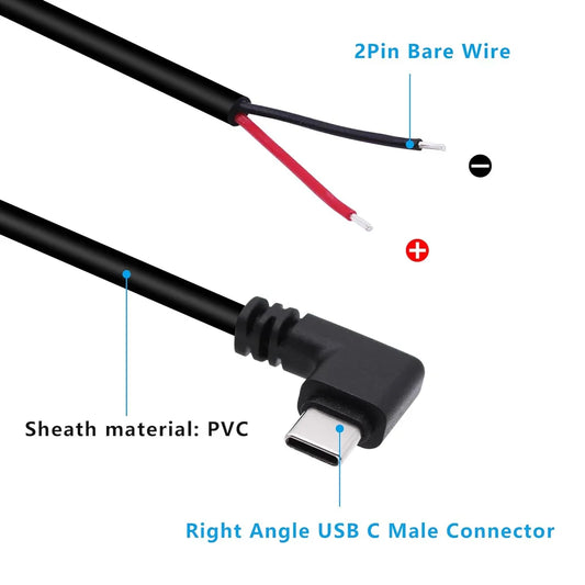 USB C to 2 Pin Bare Wire Open End Power Cord, 90 Degree USB Type C Male Plug 2 Pin Pigtail Cable, for 5V USB Type C DIY Cable