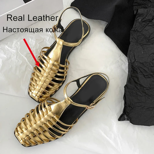 JOZHAMTA Size 34-43 Women Flats Sandals Fashion Summer Shoes Real Leather Casual Sexy Round Toe Party Daily Dress Sandals