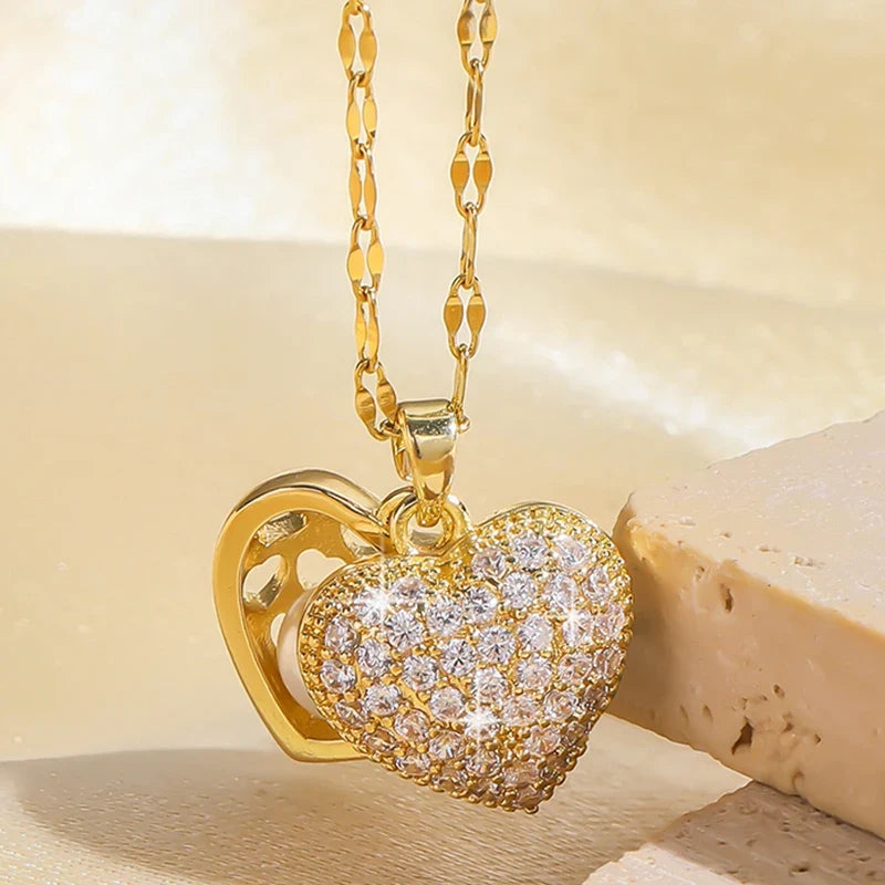 ZAKOL Korean Light Luxury Shell Pearl Necklace For Women Micro Inlaid Zircon Love Heart Moon Choker Wedding Jewelry