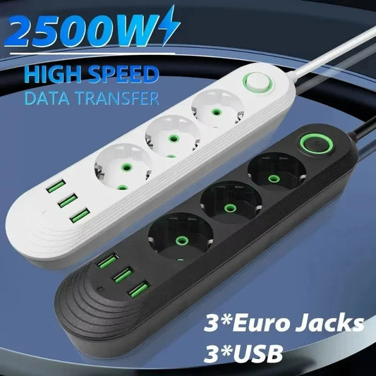 2500W EU Plug AC Outlet Multiprise Power Strip Extension Cord EU Socket Network Filter With USB Ports Charging 1pc