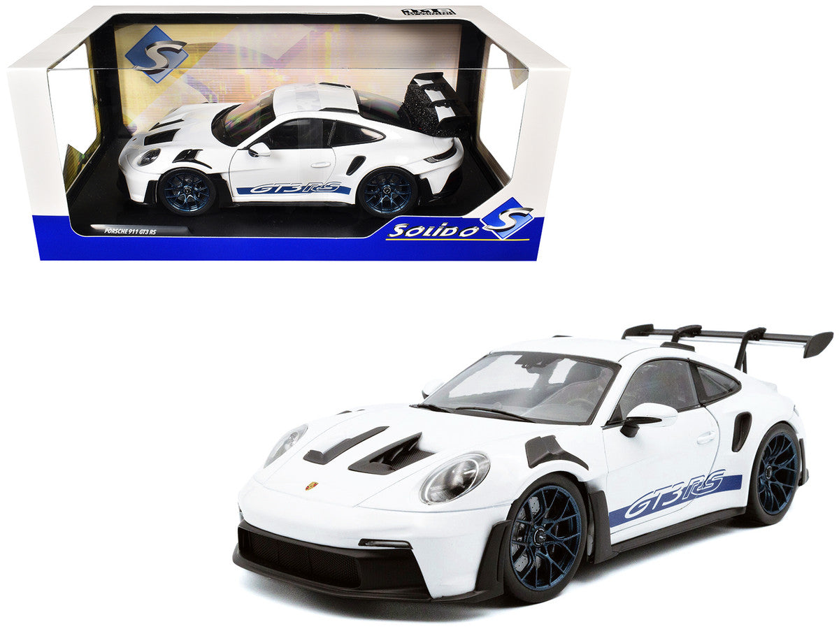 2024 Porsche 911 (992) GT3 RS White with Blue Stripes 1/18 Diecast Model Car by Solido