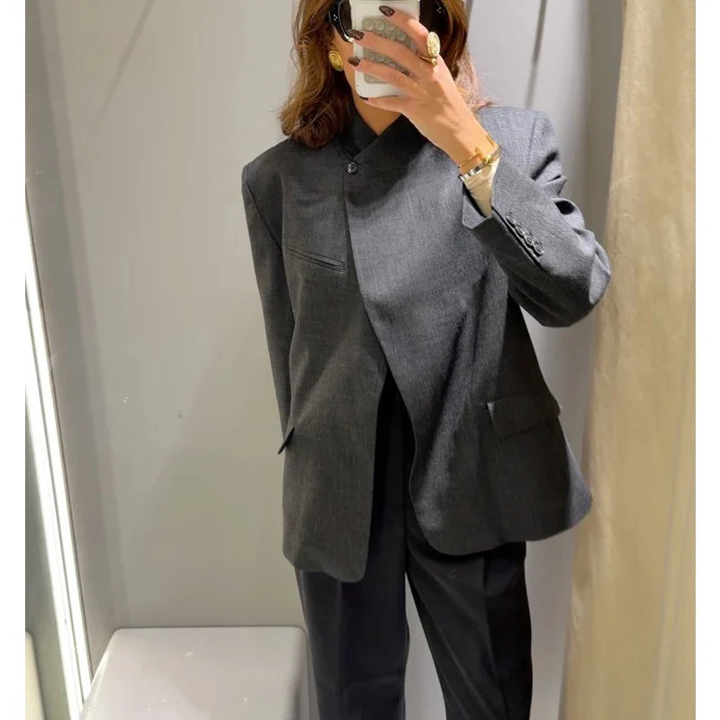 MUJER Women's Tailoring Blazers Vintage Office Blazer Woman Faux Wool Coats for Women Streetwear Outerwears Fitted Jacket Women