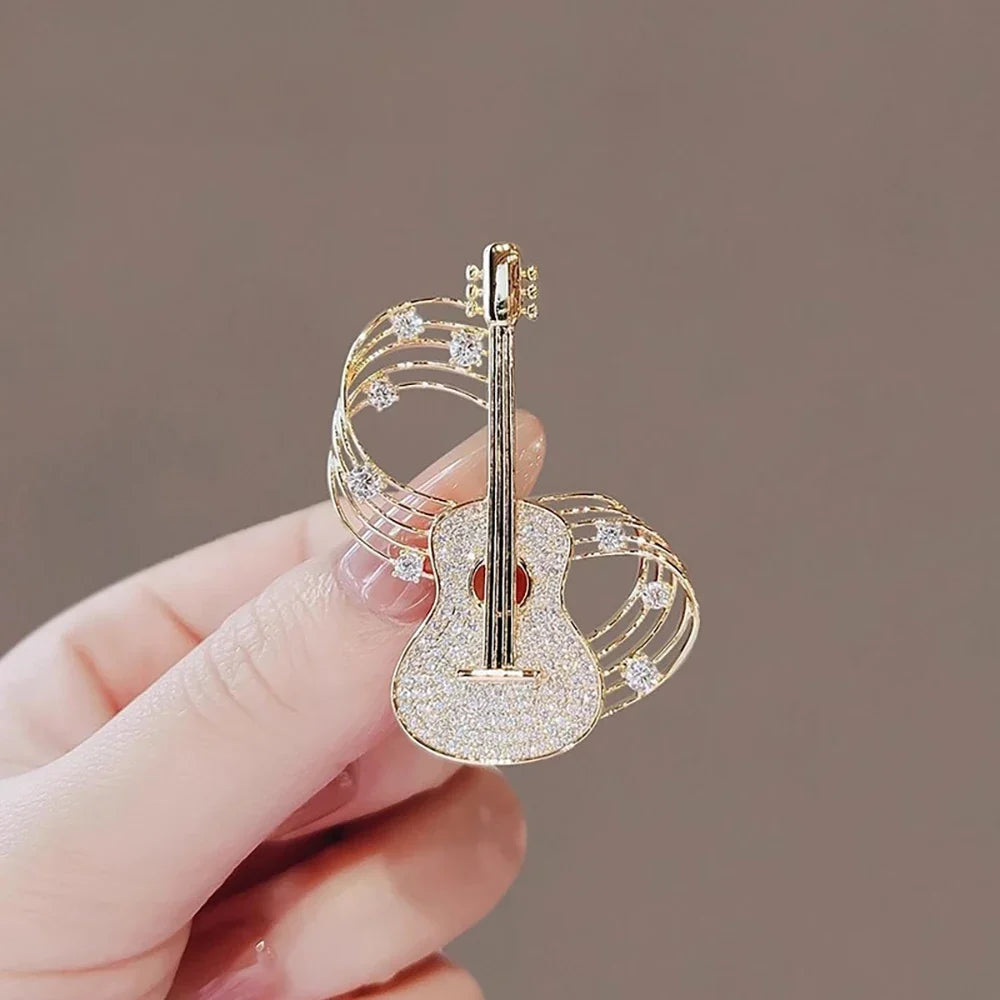Trendy Guitar Brooch Shining Rhinestones New Unique High-end Design Creative Elegance Brooch Chest Flower Party Delicate Jewelry