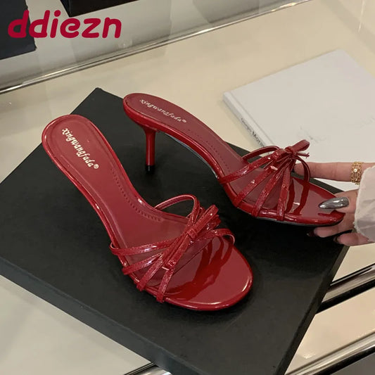 Women Thin Heels Sandals Slides Shoes Butterfly-Knot Footwear Fashion Round Toe Ladies High Heels Shoes Female Sandals Pumps