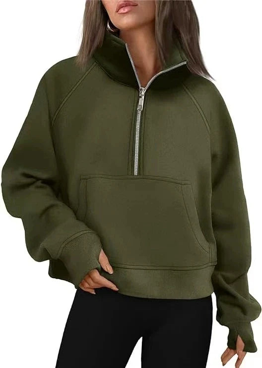 New Women's Spring Autumn Winter Stand Collar Plus Fleece Solid Color Hoodie Long Sleeve Pocket Loose Half Zip Pullover Hoodie