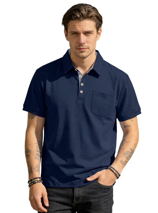 Men's Casual Business Polo Shirt Lapel Collar Chest Pocket Loose Short Sleeve Summer Daily Wear 2026 Summer New Men's Polo Shirt
