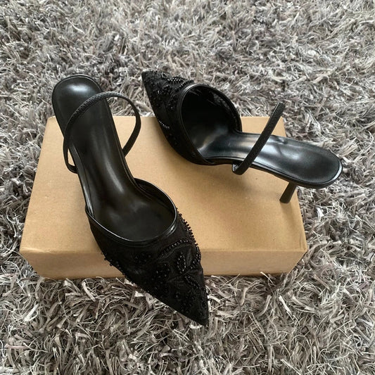 Black Embroidered Mesh Slingback High Heels Sandals for Women Designer Shoes Woman Elegant Style Wedding Party Pumps