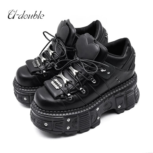 2026 New Punk Style Women Shoes Lace-up Heel Height 6CM Platform Shoes Woman Gothic Ankle Rock Boots Metal Decor Woman Sneakers