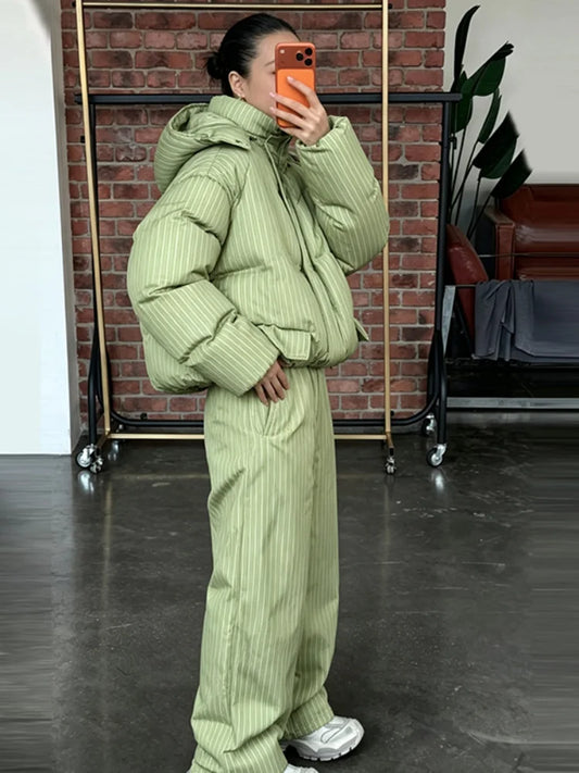 Women Striped Hooded Puffer Two Piece Outfit Oversized Cropped Jacket Baggy Pants Set Daily Outdoor Fashion Matching Outfit