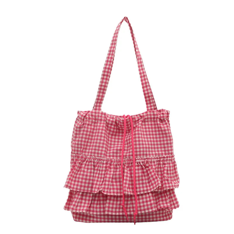 Large Capaci Cute Plaid Cotton Tote Bag Lace Trim Women's Summer 2025 Simple Lady Handbag Soft Shoulder Bags Bolsa Feminina