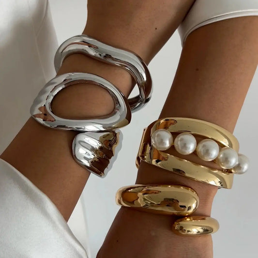 SHIXIN Design Geometric Water Drop Gold Color Wide Spring Bangles for Women Elegant Imitation Pearl Cuff Bracelets New Jewelry