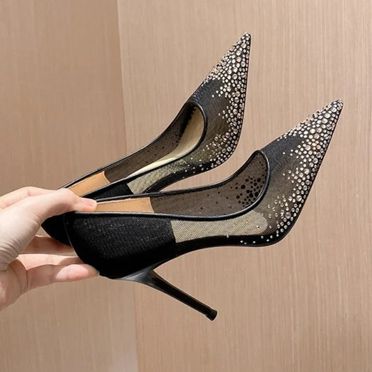 Women's high heels and single shoes for spring and summer new mesh diamond fashion banquet pointed women's shallow mouth shoes