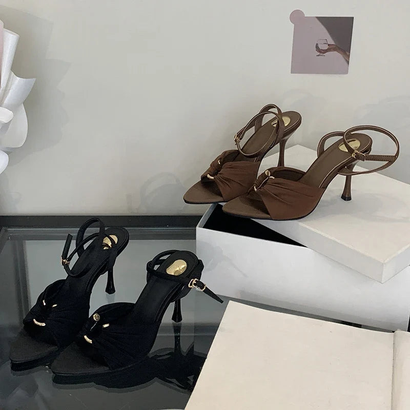 Eilyken Summer Fashion Thin Heels Pleated Hollow Out Buckle Strap Women Sandals Pointed Toe Banquet Party Female Shoes 6CM 9CM