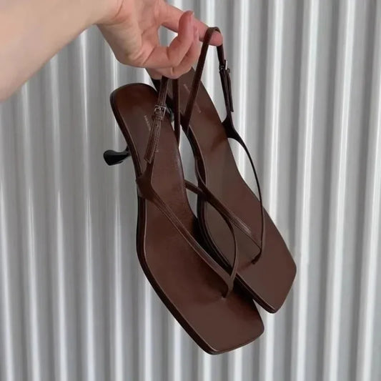 Retro Square Toe Clip Toe Sandals Kitten Heel Back Strap Brown Solid Concise French Style Sexy Fashion Women Shoes Summer Casual