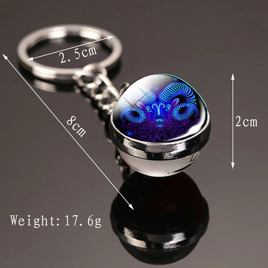 12 Constellation Key Chain Luminous Double Sided Glass Ball Pendant 12 Zodiac Key Chain Fashion Birthday Gift for Men and Women