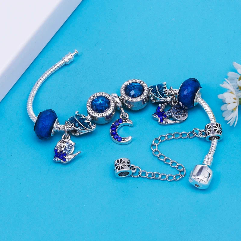 Fashion Silver Plated Shiny Blue Crystal Bead Pendant DIY Charm Bracelets Bangles For Women Girlfriend Jewelry Dropshipping