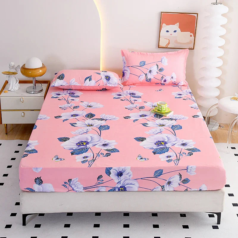Red Flower Printed Bed Sheet Sets Queen/King Size sabanas cama matrimonial Reactive Printed Fitted Bedsheets for Double Bed