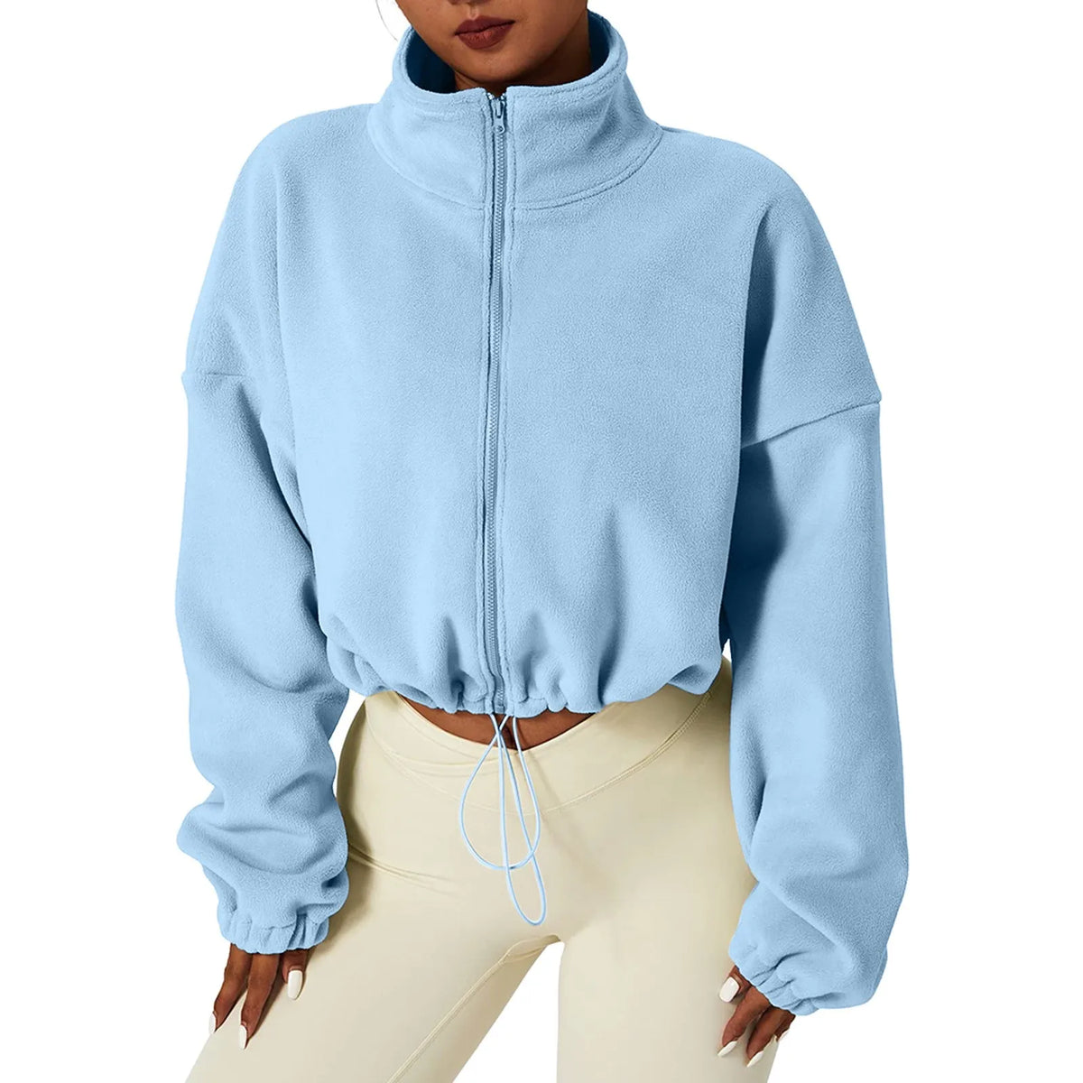 Women Autumn Stand Collar Fleece Jacket Zip Up Cropped Coat Solid Sweatshirt Top Drawstring Fashion Casual Outerwear Sportswear