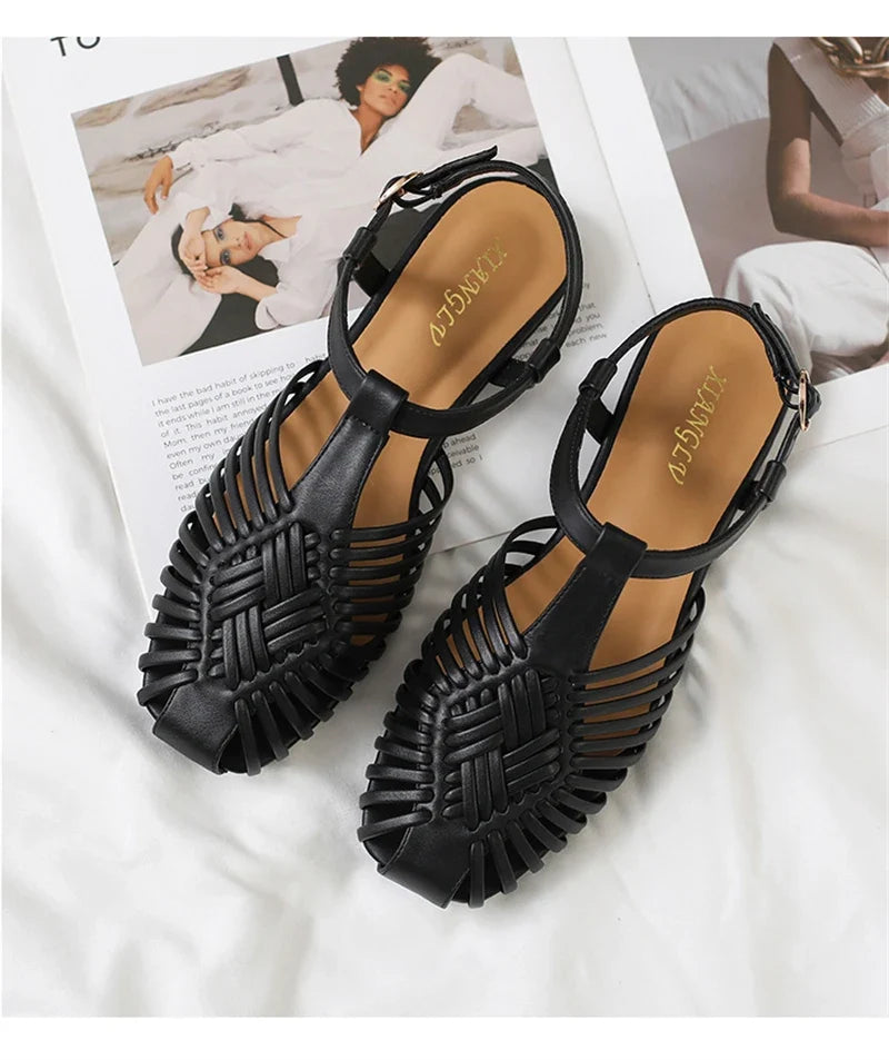 ZAROY Summer Women Gladiator Sandals Flat Ankle Strap Narrow Band Roman Shoes Casual Beach Vacation Hollow Out Big Size Sandalia