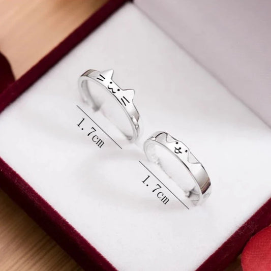2pcs Simple Design Cute Cat Dog Animal Adjustable Couple Ring for Women Men Cartoon Fashion Couple Friends Rings Jewelry Gifts