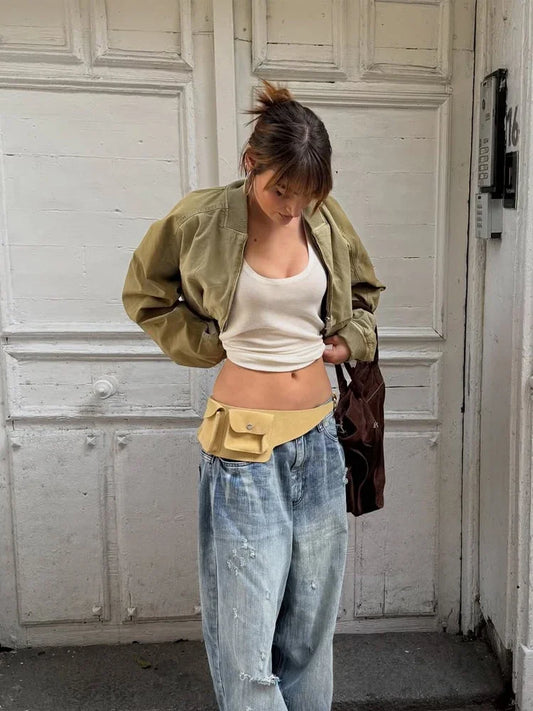 Fashion Short Bomber Jacket Women Casual Long Sleeve Round Neck Zipper Loose Cropped 2026 Jackets Lady Spring Street Outerwear