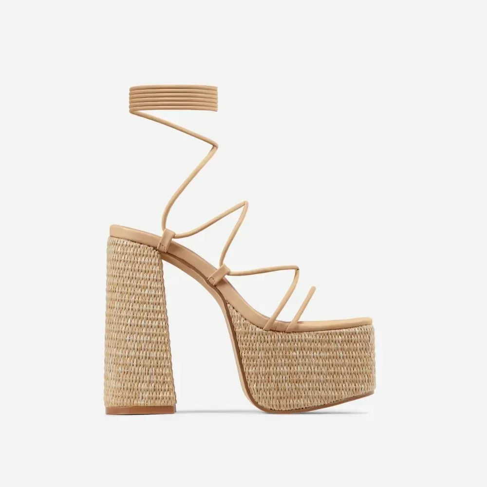 Woven Platform Lace Up Strappy Sandals Block Heel Open Toe Solid Color Sexy Roman Style Women Shoes Summer 2026 New Arrivals
