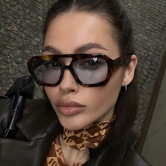 Hiking Women Fashion Polygonal Double Bridge Anti Light Glasses Luxury Minimalist Leopard Pattern Design Eyeglasses UV400