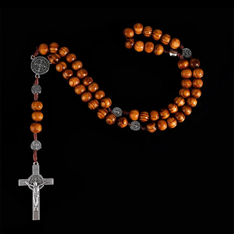 Christian 10MM Wood Beads Rosary Cross Necklace For Women Virgin Mary INRI Pendant Long Chain Men Religion Jewelry