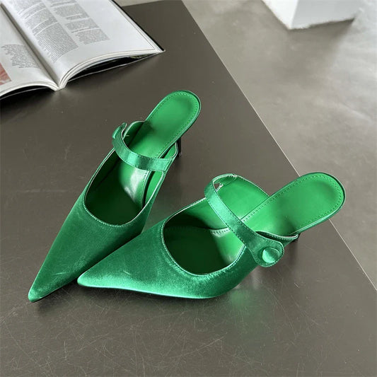 Eilyken Satin Button Pointed Toe Mules Pumps Women Slipper Fashion Shallow Thin High Heels Ladies Shoes